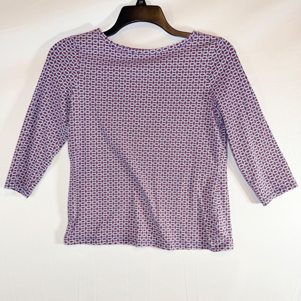 Talbots Petites Red‎ Blue Geometric Diamond Print 3/4 Sleeve Boat Neck Top MP